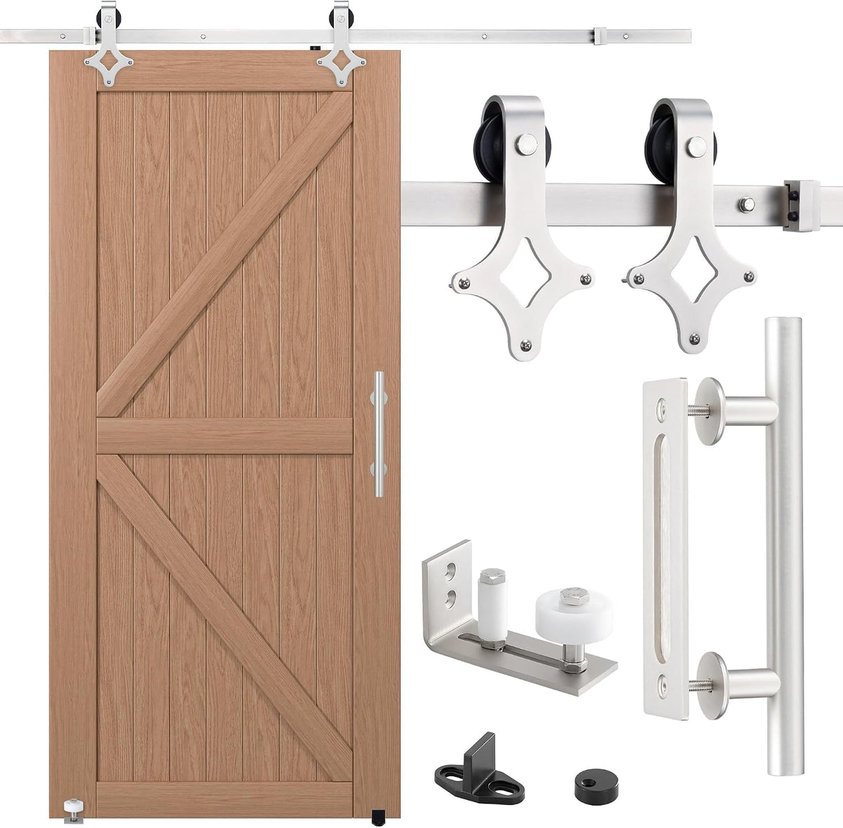 Fortstrong Heavy Duty Barn Door Hardware Kit - Includes Handle - Sliding Doors Set Up - Durable Single Double Barndoor Assembly Kits with Track Rails and Rollers - Brushed Nickel
